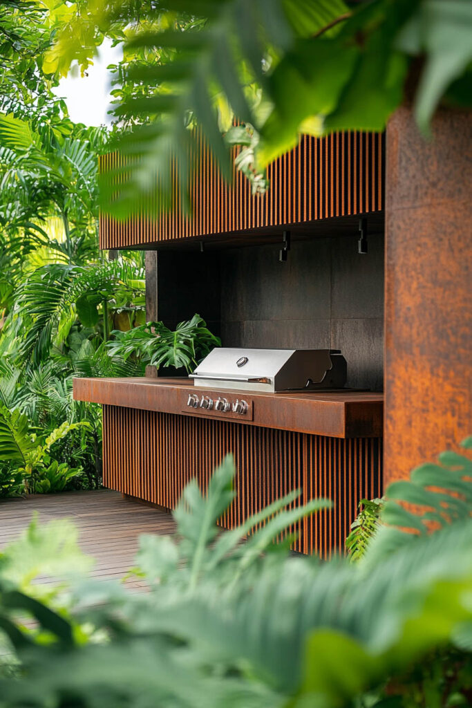 Tropical outdoor grill station with wood slat cabinetry, built-in stainless steel grill, and lush garden surroundings.