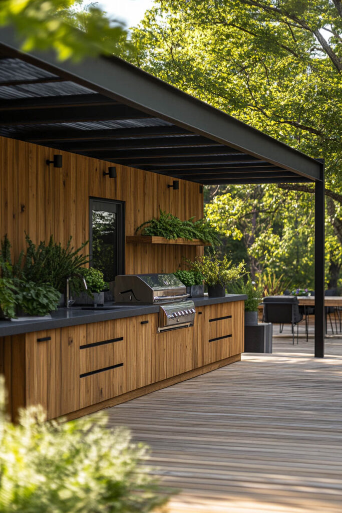 Outdoor grill station with wood panel cabinetry, built-in stainless steel grill, metal pergola roof, and modern deck setting.