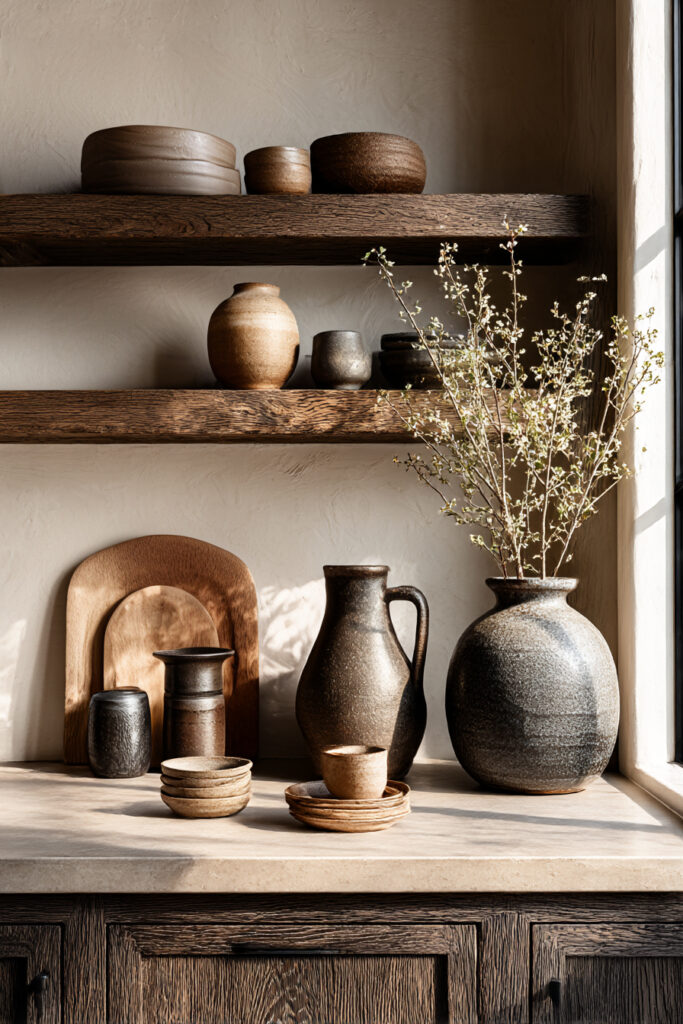 Kitchen stone backsplash with rustic wood shelves, handmade pottery, and earthy neutral styling