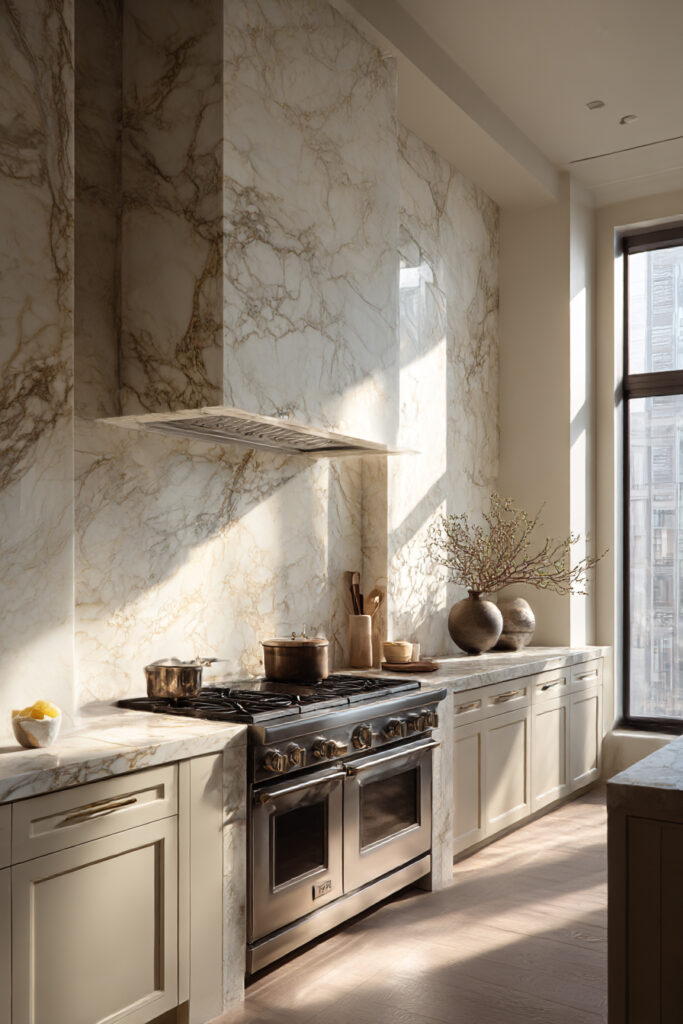 Kitchen with a full-height natural stone slab backsplash, statement range wall, warm neutral cabinetry, and elegant minimalist styling.