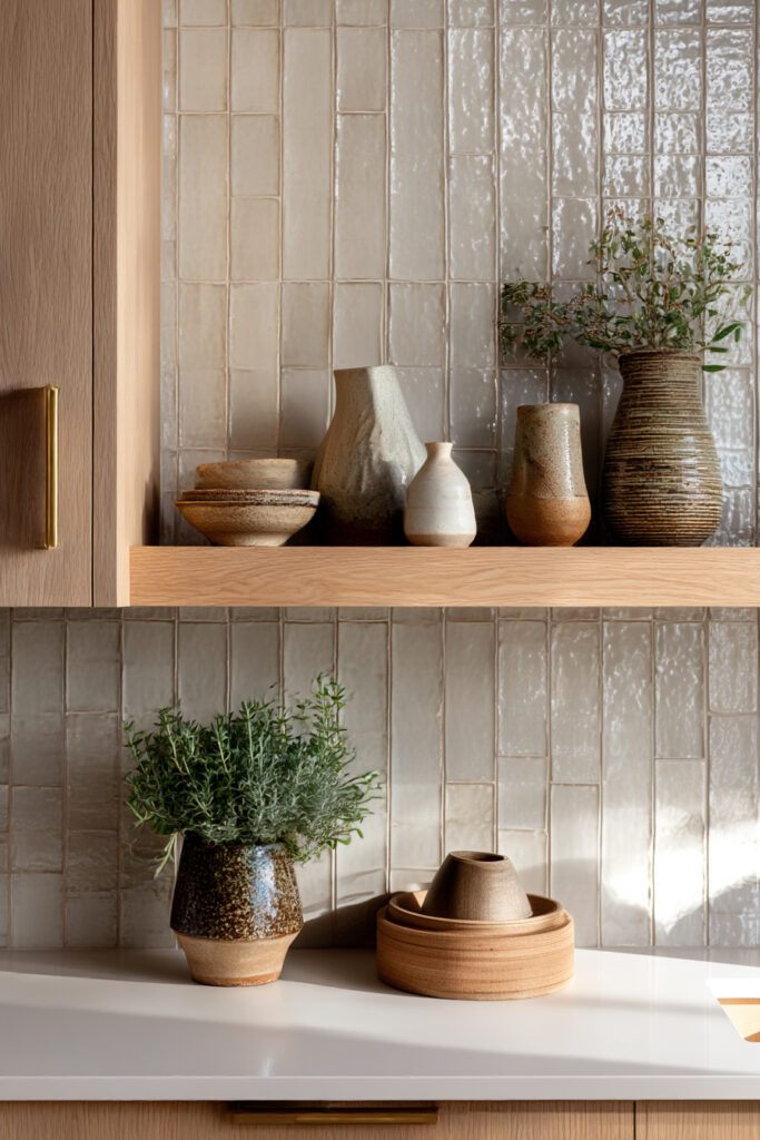 Kitchen with glossy stone or clay tile backsplash, handmade ceramic decor, open wood shelf, and warm neutral tones.