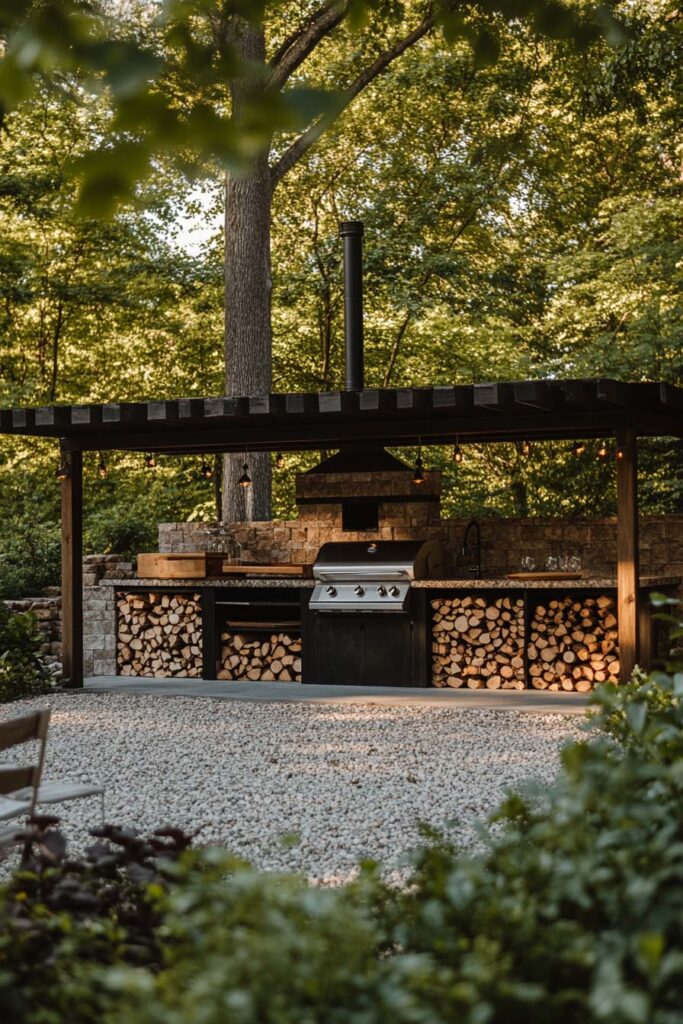 Rustic outdoor grill station with stone surround, stacked firewood storage, built-in grill, and wooden pergola in a wooded backyard.