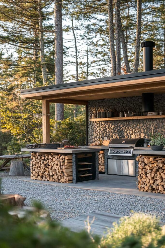 Rustic outdoor grill station with stacked firewood storage, stone walls, built-in grill, and covered roof in a forest setting