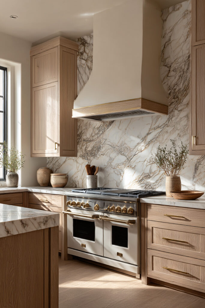 Kitchen with full-height stone slab backsplash, statement range wall, light wood cabinets, brass hardware, and marble countertops.