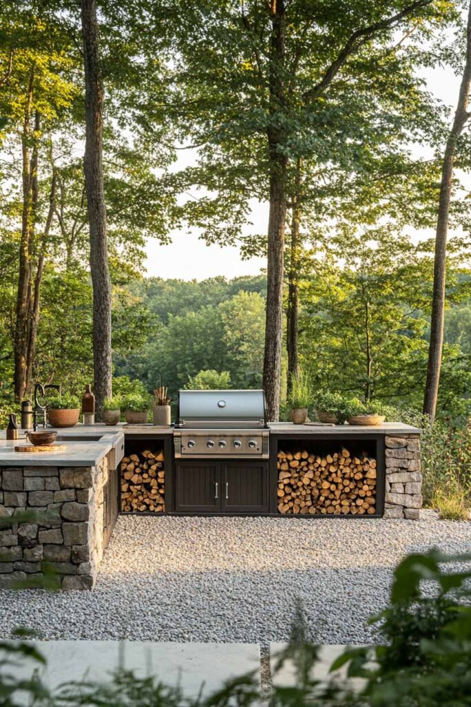 Outdoor grill station with stone counters, built-in stainless steel grill, firewood storage, gravel patio, and forest setting.