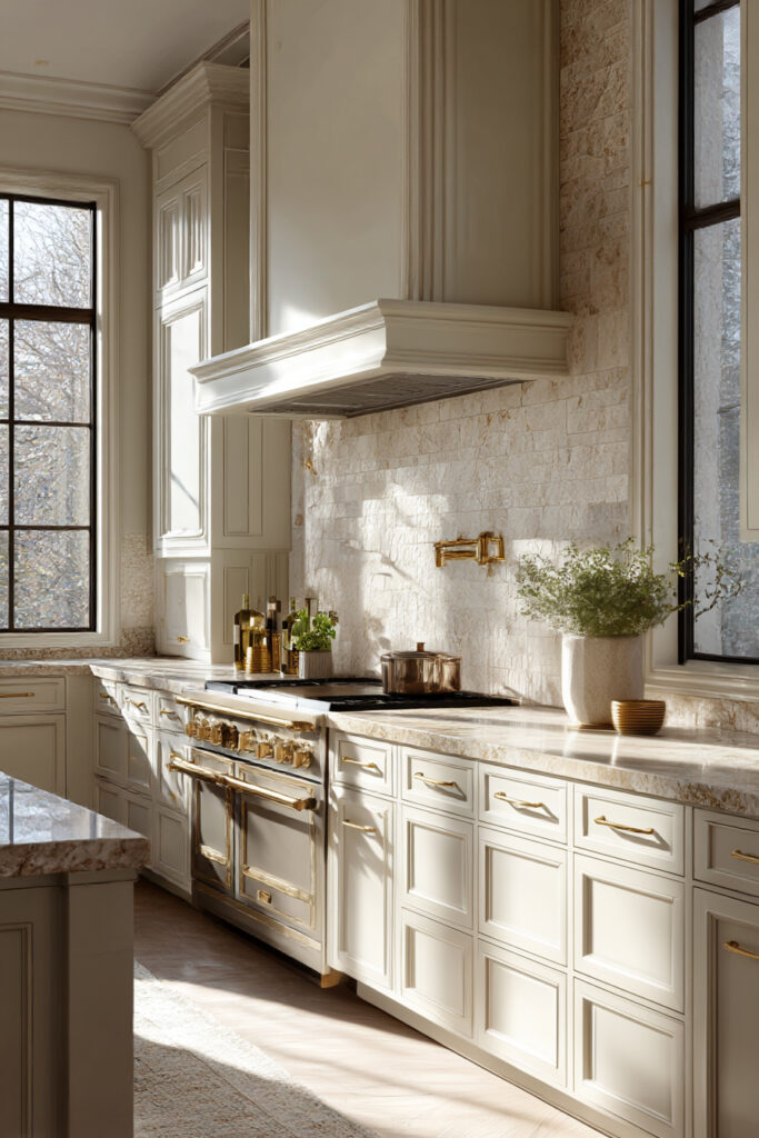 Kitchen with a statement range wall featuring light natural stone backsplash, classic cabinetry, brass hardware, and warm neutral styling.