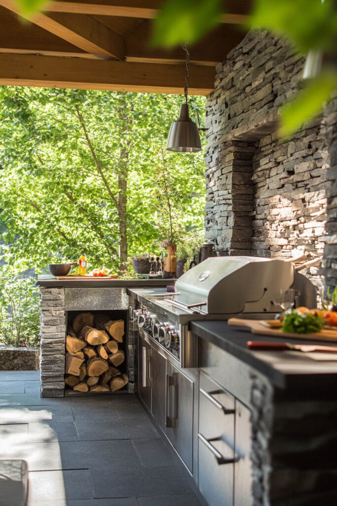 Covered outdoor grill station with stone walls, stainless steel grill, firewood storage, and natural wood ceiling
