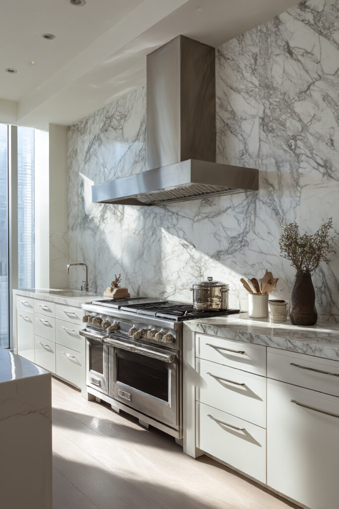 Kitchen with full-height marble statement range wall, stainless steel range hood, white cabinetry, and luxury kitchen design.