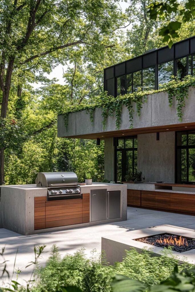 Modern outdoor grill station with concrete island, built-in stainless steel grill, wood paneling, fire pit, and forest backyard setting.