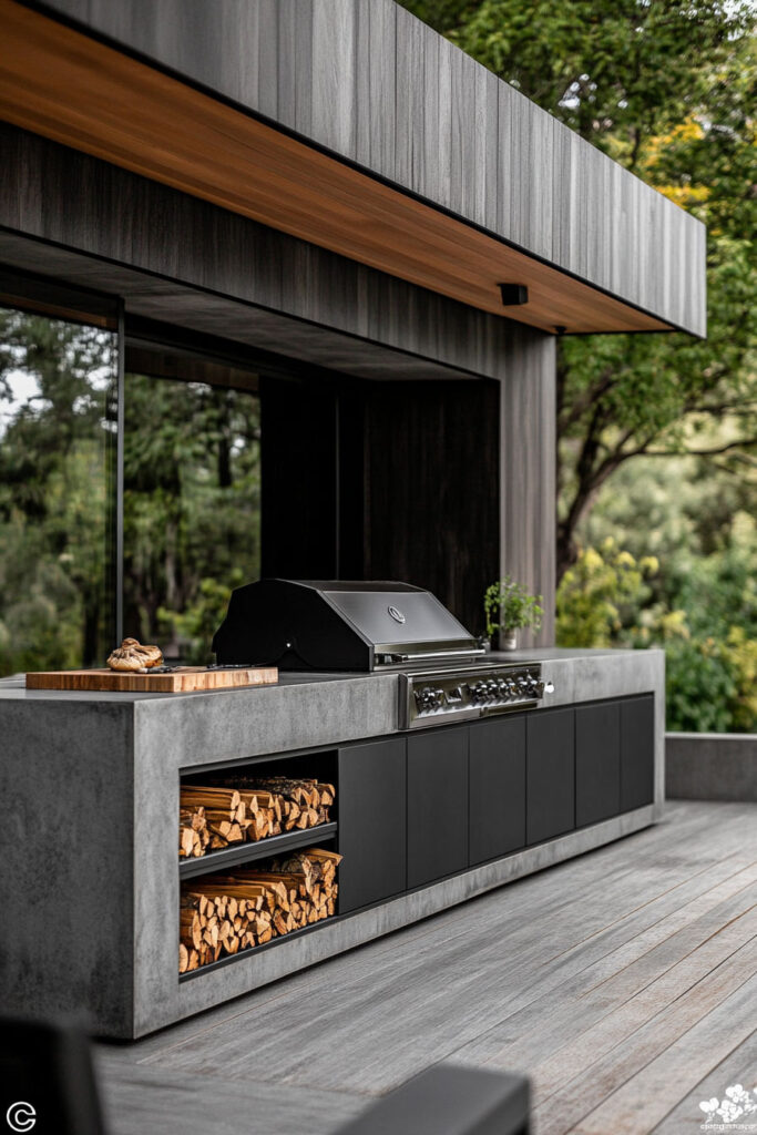 Modern outdoor grill station with concrete countertops, black cabinetry, built-in grill, and firewood storage under a covered structure.