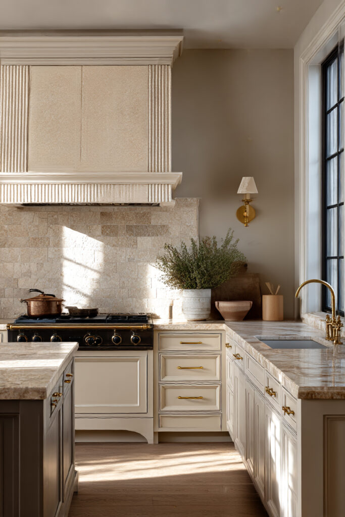 Stone tile kitchen range backsplash with brass hardware, neutral cabinets, and classic styling