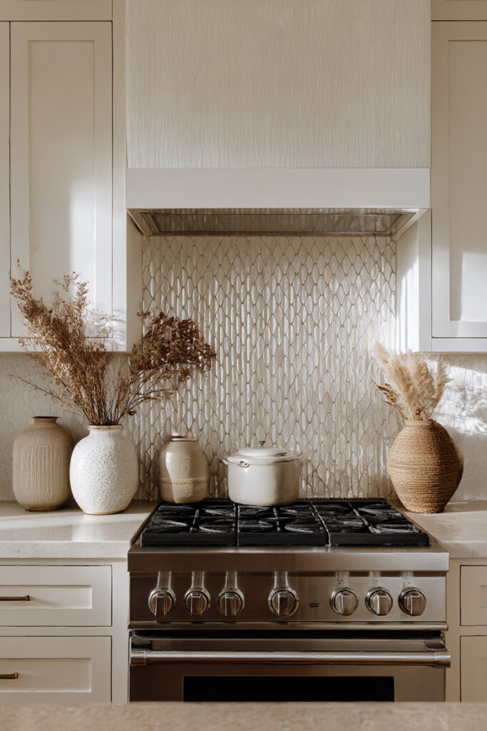 Neutral kitchen range wall with textured tile backsplash, white cabinetry, stainless steel range, and natural ceramic decor.
