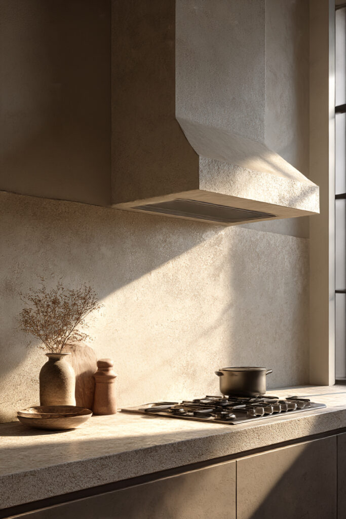 Minimalist stone kitchen range backsplash with plaster-style hood and neutral tones