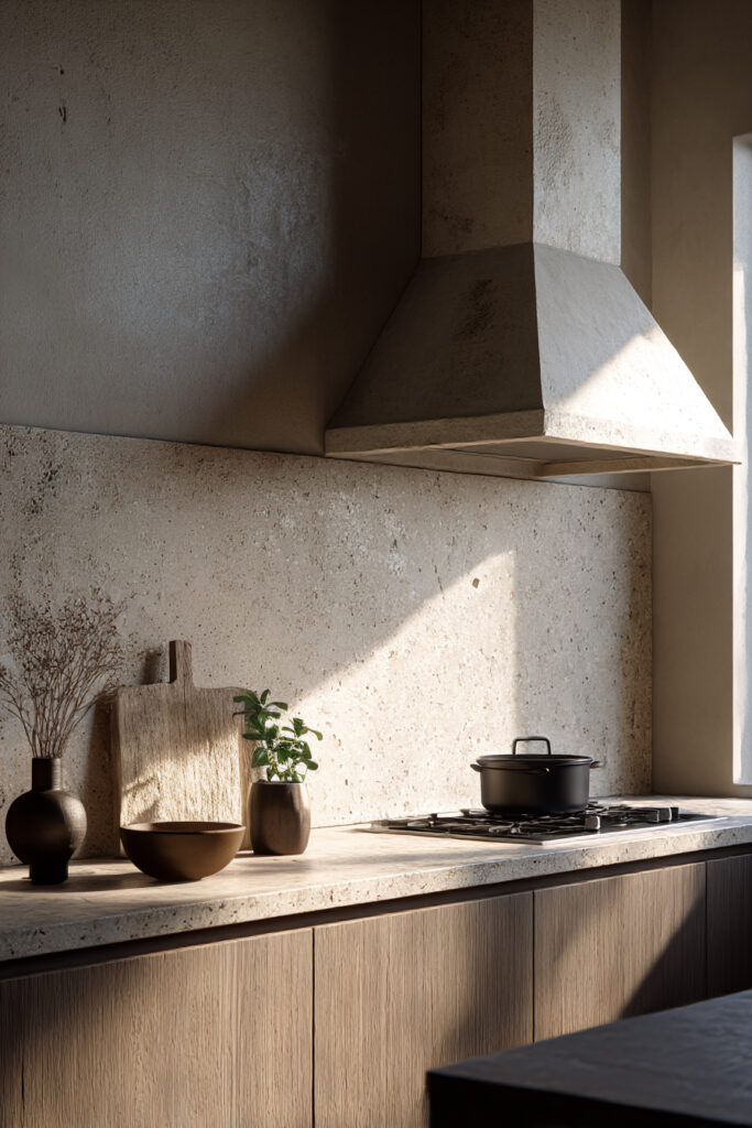 Minimalist kitchen with a plaster statement range wall, sculptural hood, stone countertop, and warm wood cabinetry in an earthy neutral palette.