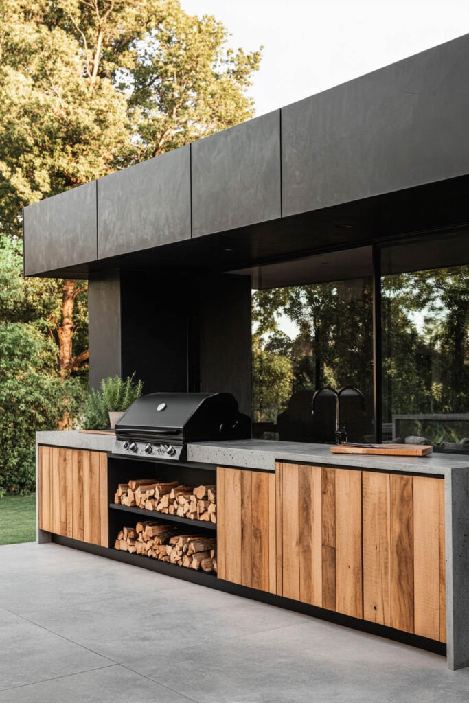 Modern outdoor grill station with concrete countertops, vertical wood cabinetry, built-in grill, and integrated wood storage in a contemporary backyard.