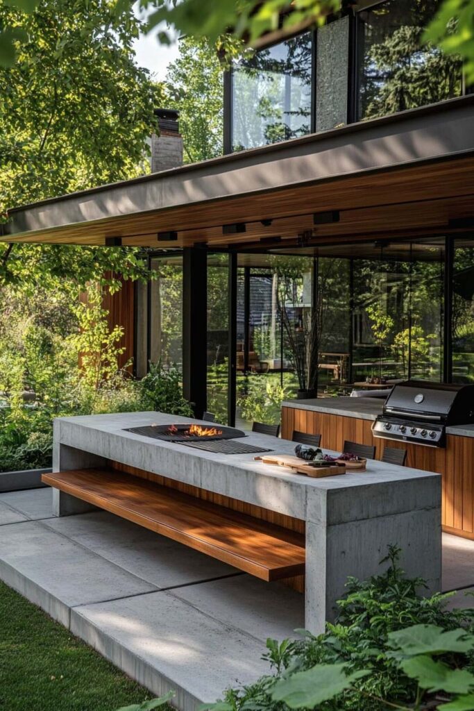 Modern outdoor grill station with concrete island, built-in fire feature, wood cabinetry, and glass walls