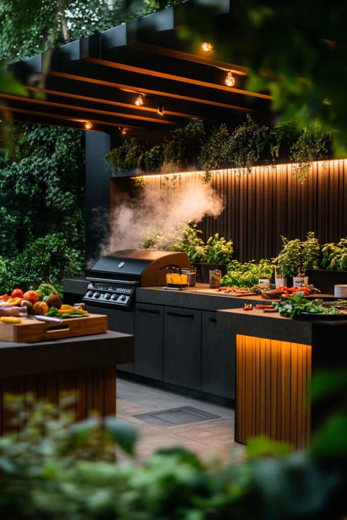 Moody outdoor grill station with dark cabinetry, built-in grill, warm lighting, pergola cover, and lush greenery for evening outdoor cooking.