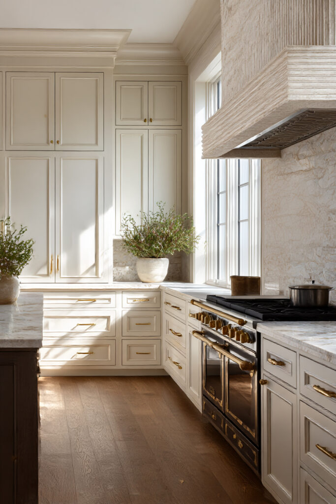 Elegant neutral kitchen with statement range wall, textured stone range hood, cream cabinetry, brass hardware, and marble countertops.