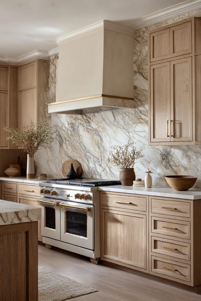 Statement kitchen range wall with veined marble slab backsplash, custom hood, warm wood cabinetry, and brass hardware in a neutral luxury kitchen.