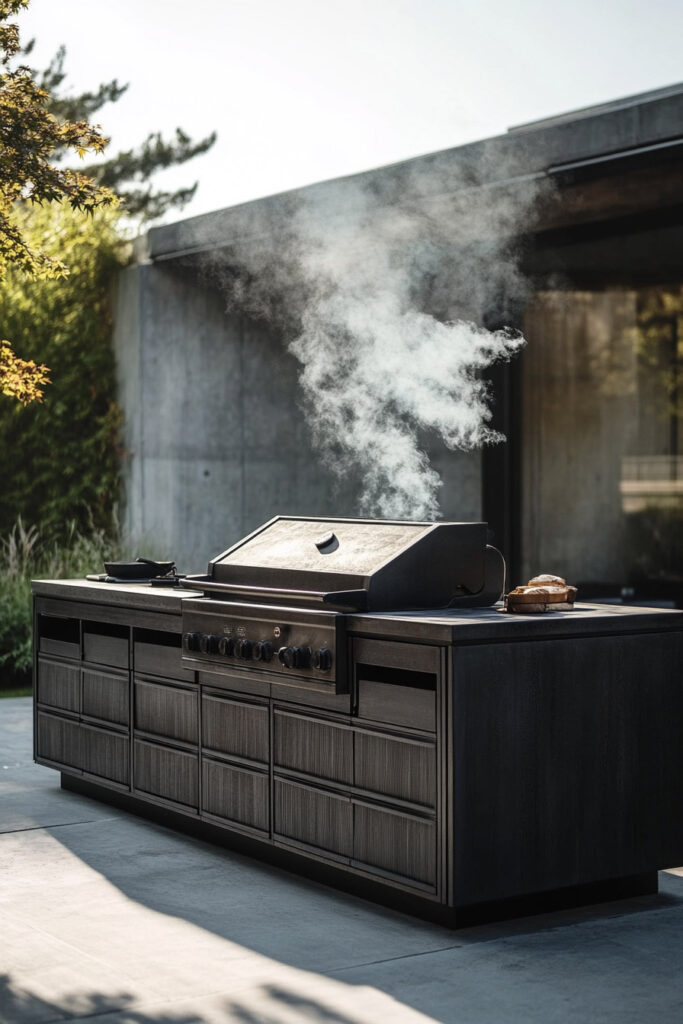Minimalist outdoor grill station with dark wood cabinetry, built-in grill, concrete patio, and steam rising during cooking.