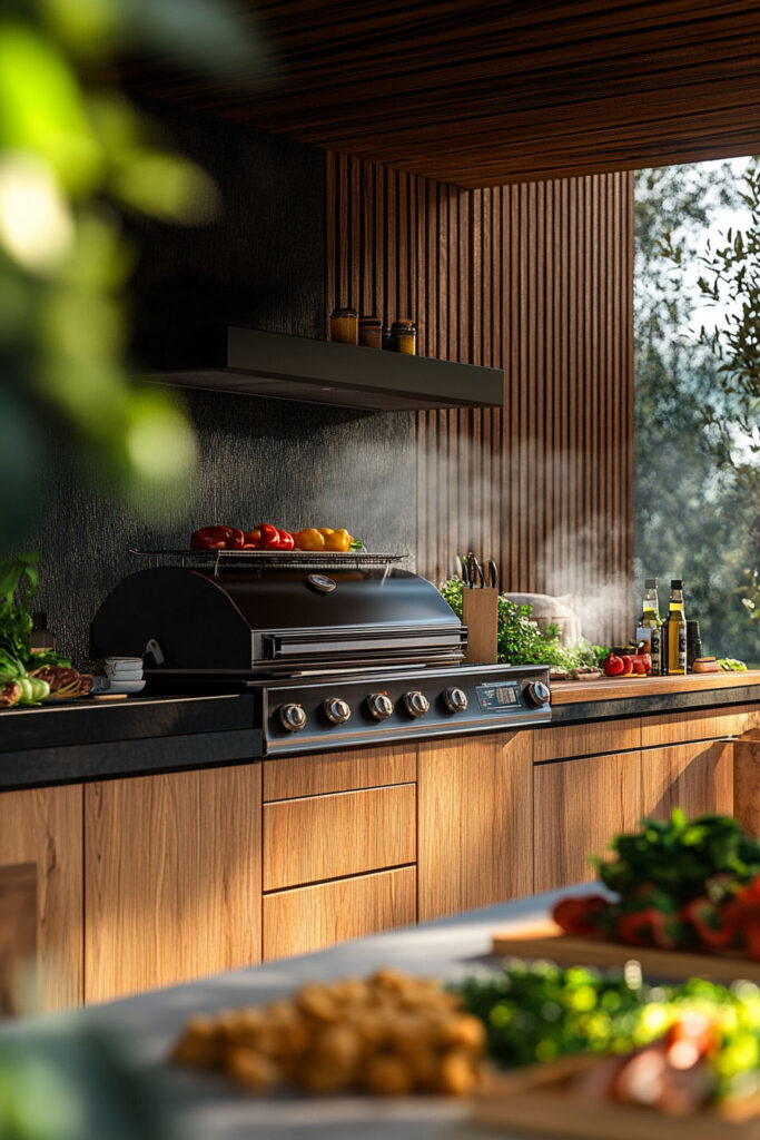 Modern outdoor grill station with wood cabinetry, black built-in grill, prep counter, and slatted wood wall in a stylish outdoor kitchen setting.