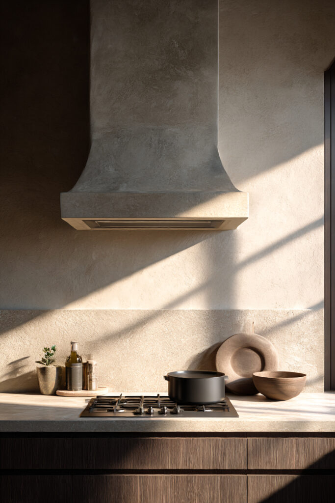 Neutral kitchen statement range wall with smooth stone or plaster backsplash, integrated range hood, warm wood cabinets, and minimalist styling.