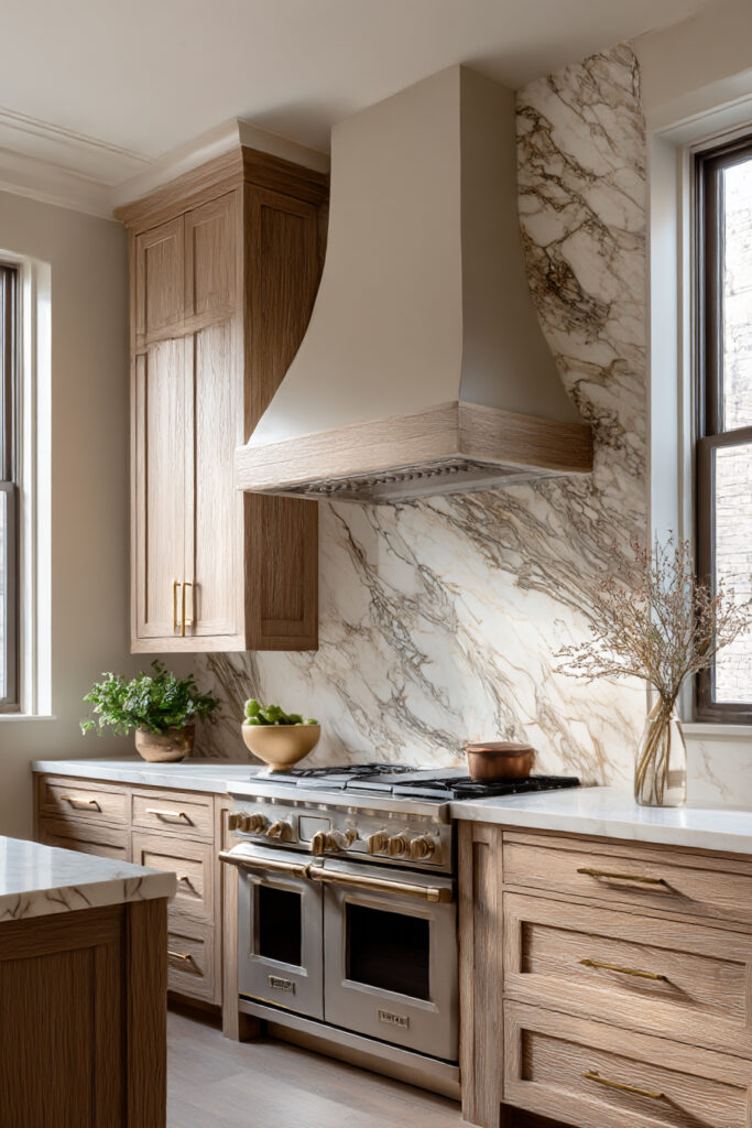 Stone slab kitchen backsplash with statement range wall and custom hood