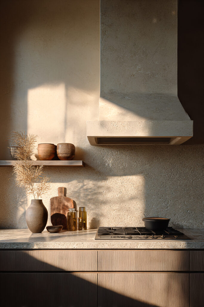 Minimalist kitchen with textured stone range wall, plaster-style stone hood, warm wood cabinetry, and earthy neutral styling.