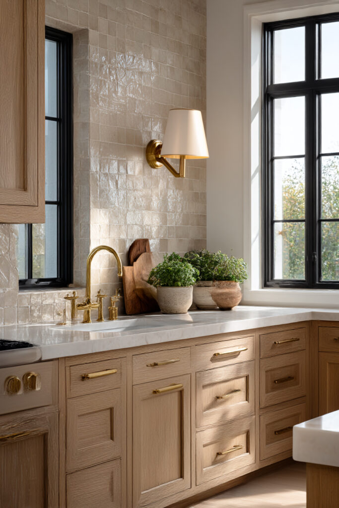 Glossy stone tile kitchen backsplash with brass wall sconce lighting