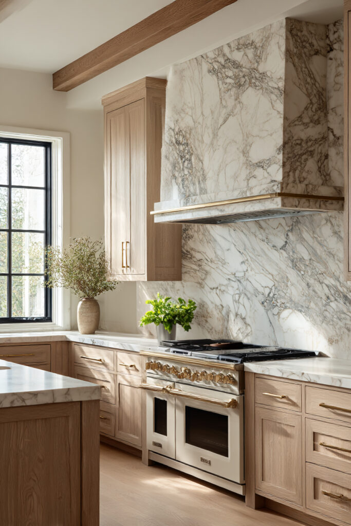 Marble statement range wall with full-height stone backsplash, integrated marble hood, warm wood cabinetry, and luxury kitchen design.