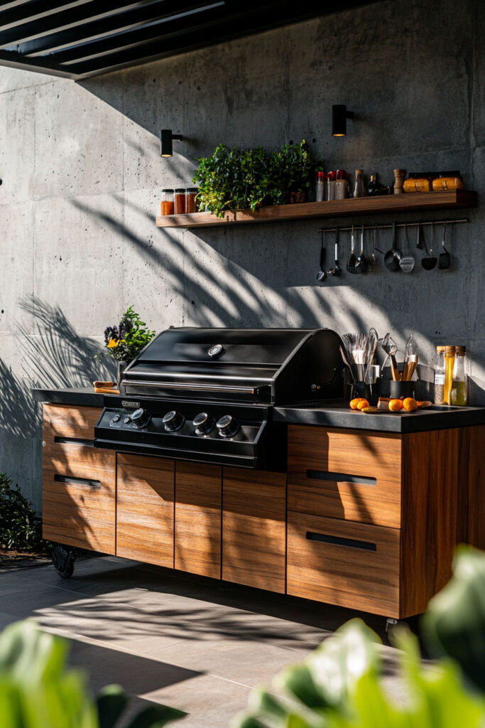 Modern outdoor grill station with wood cabinetry, built-in grill, concrete wall, open shelves, and hanging cooking tools.