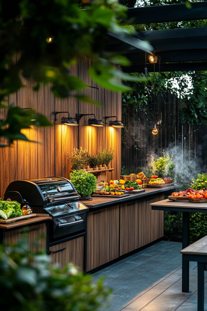 Outdoor grill station with wood cabinetry, pergola cover, warm lighting, and built-in prep counter