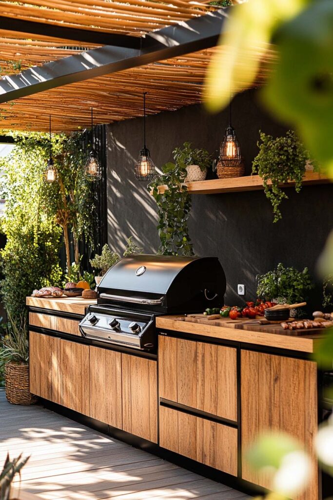 Outdoor grill station with wood cabinetry, built-in grill, pergola roof, hanging lights, and greenery in a stylish backyard kitchen.