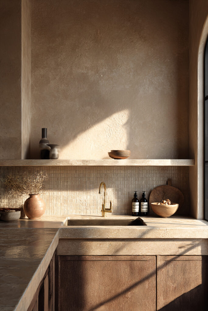 Kitchen sink with textured stone and clay tile backsplash, warm ambient lighting, plaster walls, brass faucet, and earthy neutral styling.