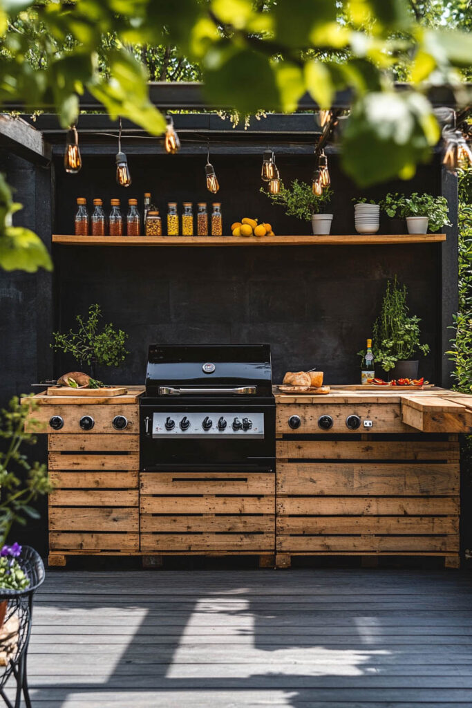 Outdoor grill station with reclaimed wood cabinets, built-in gas grill, open shelves, string lights, and herb plants in a cozy backyard setting.
