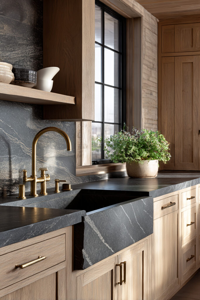 Kitchen with a dark natural stone clay tile backsplash, farmhouse sink, warm wood cabinetry, and brass faucet in a modern rustic design.