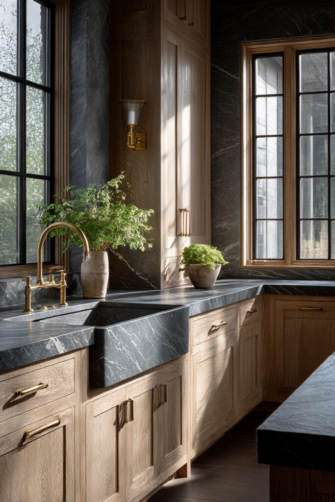 Dark stone clay tile backsplash kitchen with charcoal stone countertops, warm wood cabinets, brass faucet, and large farmhouse sink.
