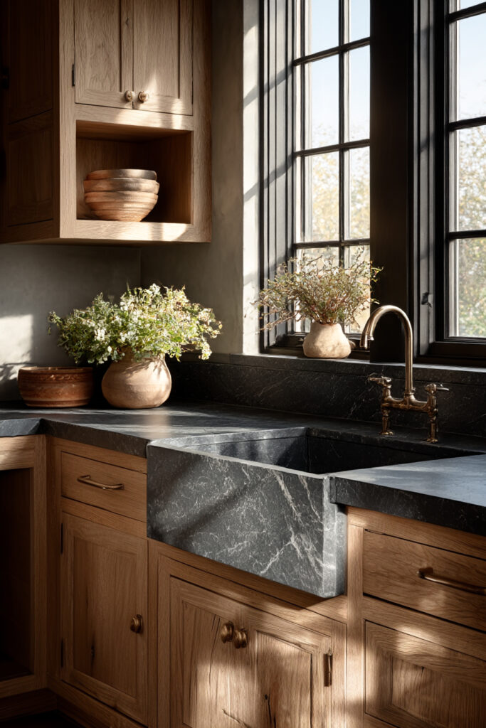 Kitchen with dark natural stone tile backsplash, warm wood cabinets, farmhouse sink, and brass faucet in a moody, rustic design.