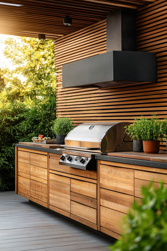 Modern outdoor grill station with built-in stainless steel grill, wood cabinetry, slatted wood wall, and minimalist black vent hood.