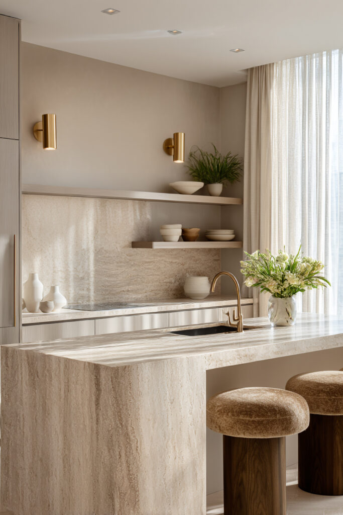 Natural stone kitchen backsplash with travertine waterfall island, warm neutral cabinetry, brass fixtures, and textured stone surfaces