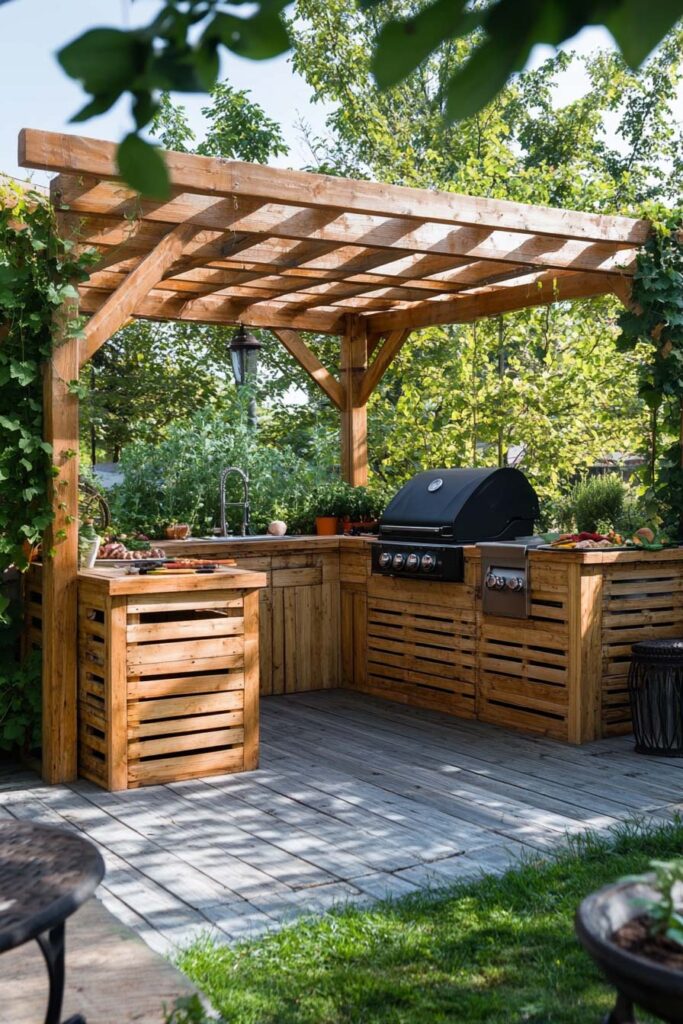 Wood outdoor grill station with built-in gas grill, natural wood cabinets, pergola cover, and backyard garden setting