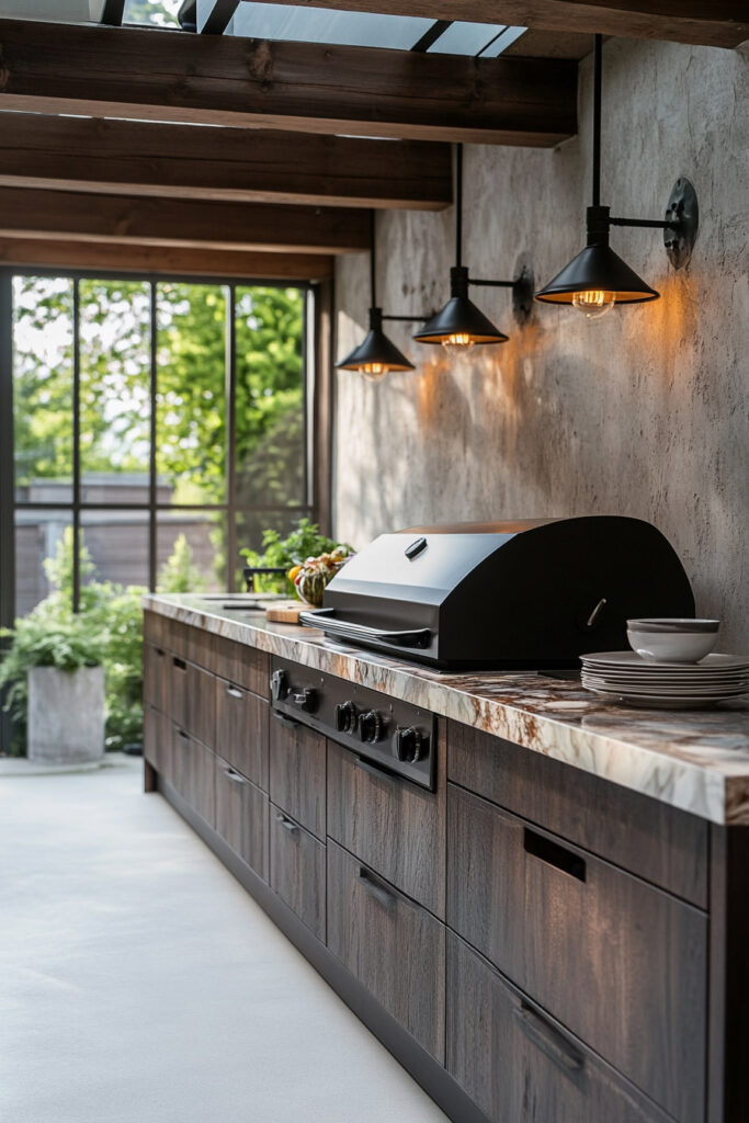 Covered outdoor grill station with wood cabinets, built-in grill, stone countertop, and wall-mounted lighting