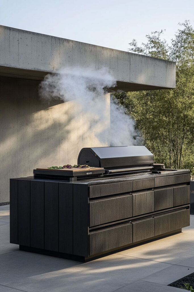 Modern outdoor grill station with black cabinetry, built-in grill, and concrete structure in a minimalist backyard setting.