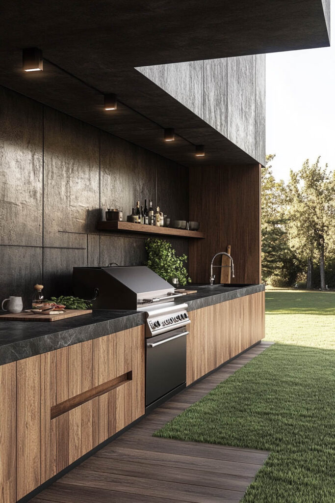 Modern outdoor grill station with wood cabinets, built-in grill, black wall panels, concrete overhang, and integrated lighting.