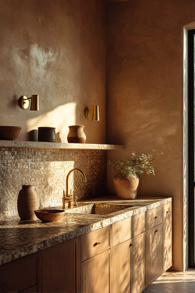 Kitchen stone and clay tile backsplash with warm brass lighting, textured surfaces, earthy tones, and natural wood cabinetry.