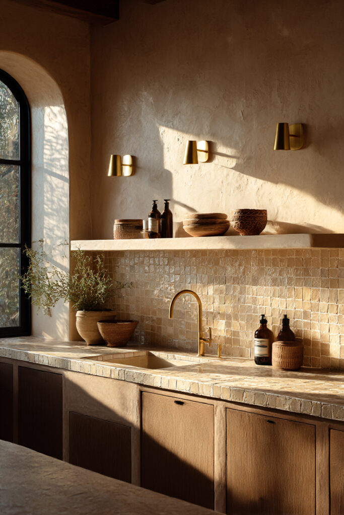 Kitchen with stone tile backsplash, warm brass sconces, plaster walls, wood cabinetry, and earthy Mediterranean-inspired styling.