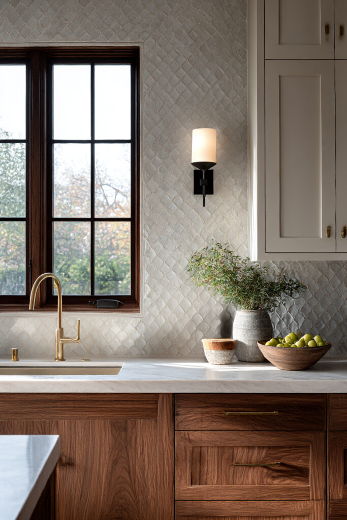 Kitchen backsplash with textured stone clay tile, warm wall sconce lighting, brass faucet, wood cabinets, and soft neutral kitchen styling.