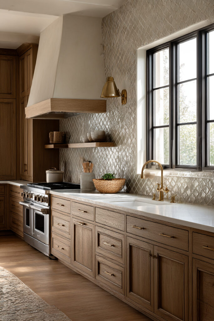 Textured stone tile kitchen backsplash with brass lighting and wood cabinets
