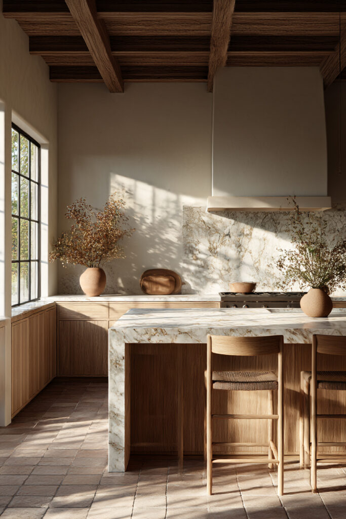 Kitchen with marble stone backsplash, warm wood cabinetry, rustic ceiling beams, and earthy neutral styling with natural light.