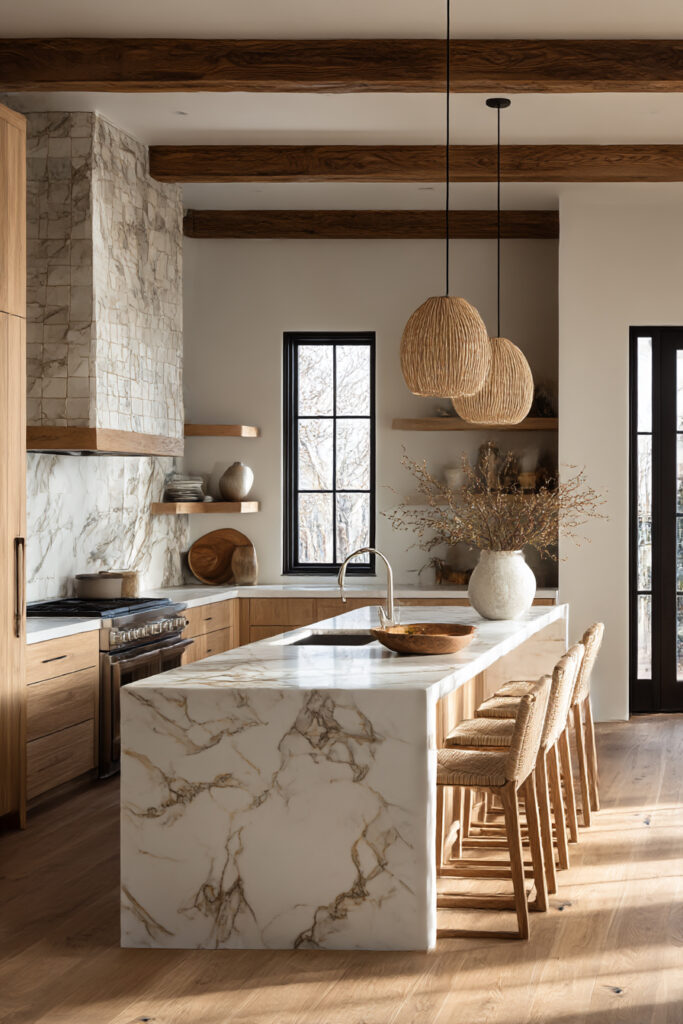 Marble and stone kitchen backsplash with wood cabinets and woven lighting